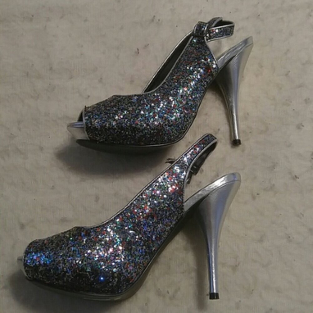 Silver And Multi Colored Glitter Open Toe Pumps S… - image 2